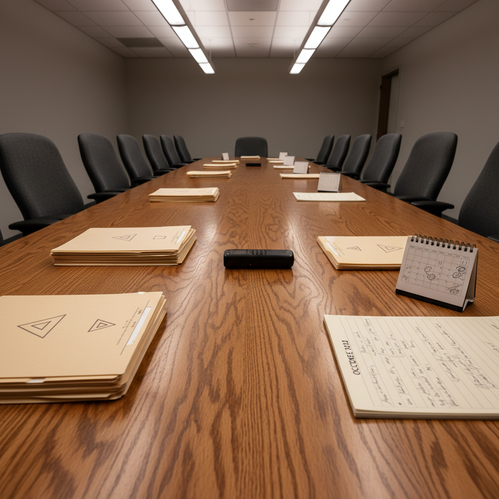 A close-up of a solid oak conference table in a university administration building, its grain rich and detailed, with a circle of empty, dark fabric office chairs pulled back slightly as if just vacated. On the table lie organized manila folders labeled only with neutral symbols, a digital voice recorder, a legal pad filled with carefully written notes, and a small desk calendar turned to the current month. Overhead fluorescent lighting creates a stark, even illumination with crisp reflections on the polished wood. Shot from a low, side-on angle that runs along the length of the table, the composition feels confrontational and formal. The mood is bold, serious, and procedural, evoking investigation and institutional responsibility in clean, photographic realism.