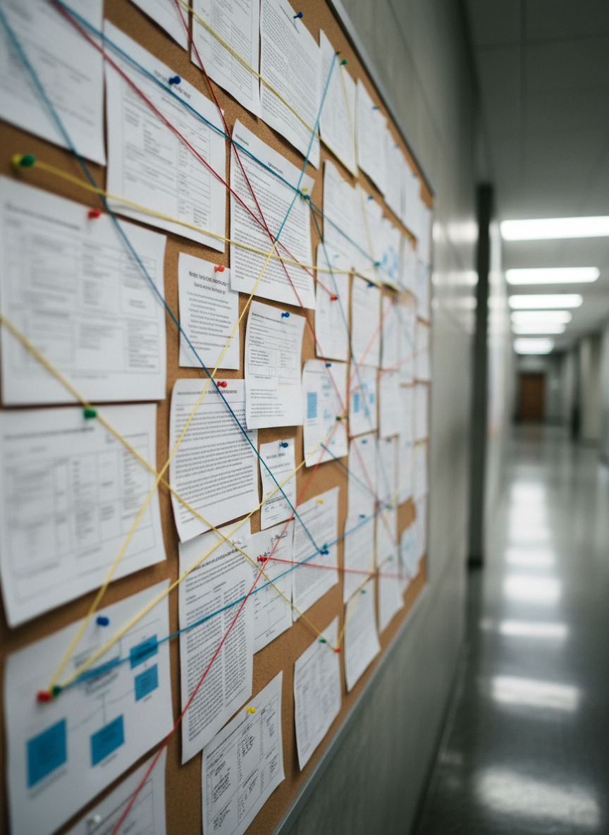 An expansive bulletin board in a university corridor, its cork surface almost completely covered with layered printed statements, anonymized forms, and policy diagrams, all carefully cropped so no readable text appears. Color-coded pins and strings create a web-like network across the board, connecting documents and timelines. The corridor’s concrete walls and polished floor reflect diffused fluorescent light, creating a cool, institutional ambience. Shot at a three-quarter angle with a shallow depth of field, the central cluster of pinned pages is in razor-sharp focus while the edges blur softly. The mood is investigative, bold, and analytical, evoking the process of meticulously documenting facts, building a case, and demanding accountability, rendered in realistic, documentary-style photography.