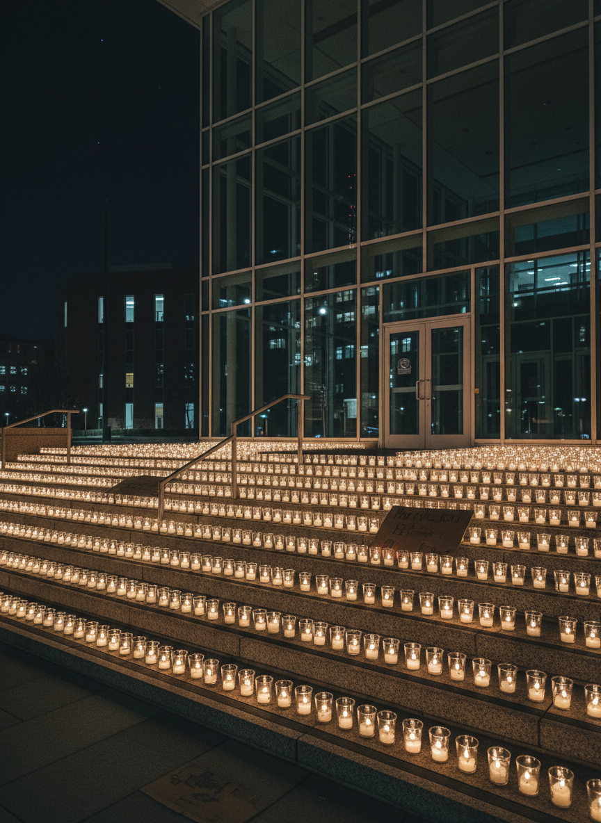 A night-time exterior of a modern university law school building, its glass façade reflecting the city’s faint lights, with the main entrance doors firmly closed and locked. On the broad stone steps in front, hundreds of evenly spaced, battery-operated candles in small transparent cups form a dense, glowing field, their soft flames flickering in the cool air. A few handmade-looking cardboard placards lie flat on the steps, turned away so no text is visible, suggesting protest without showing words. Shot from a low angle looking up toward the building, the composition contrasts the warm candlelight with the cold architectural lines. The mood is solemn yet determined, emphasizing collective solidarity through photographic realism and high contrast lighting.