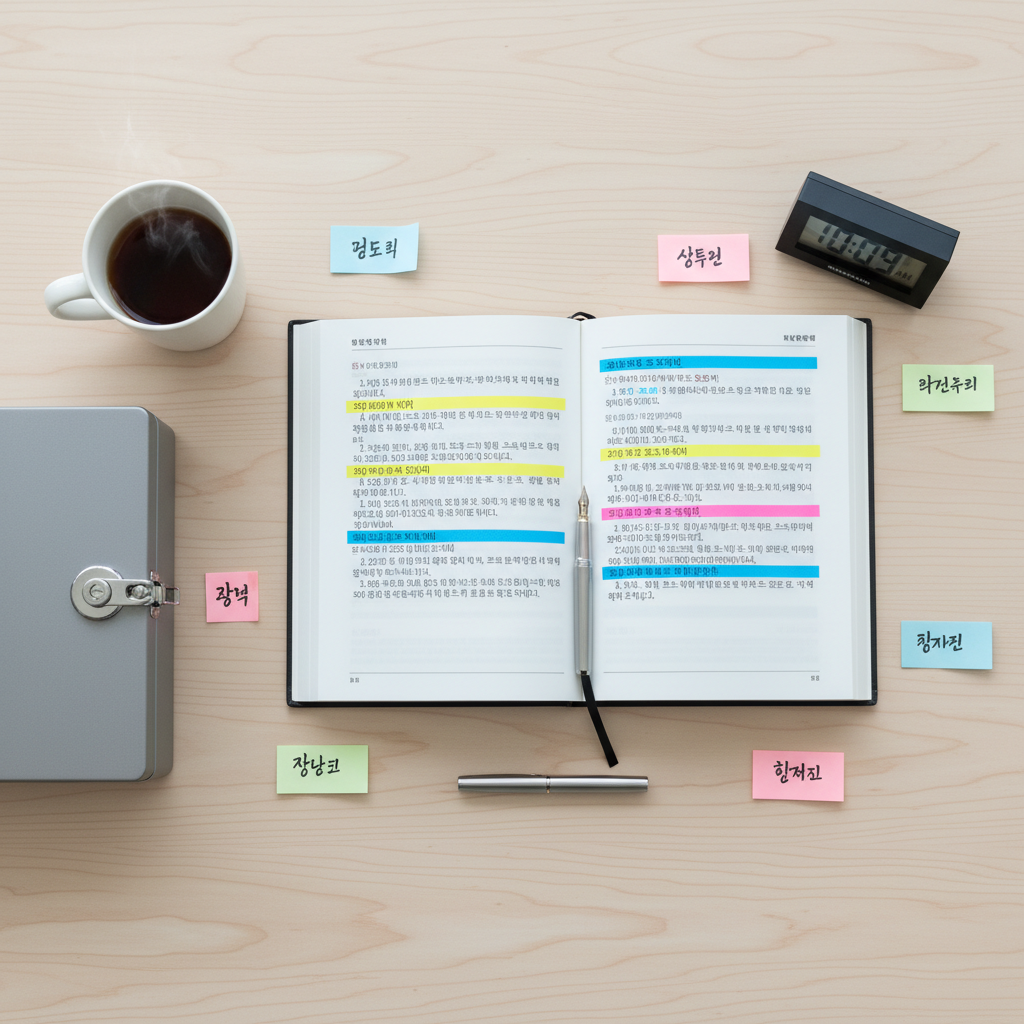 A minimalist university office desk made of pale birch wood, viewed from above, meticulously arranged with a thick, open policy handbook printed in Korean, sections highlighted in bright color, alongside sticky notes, a metal fountain pen, and a small digital clock. To one side sits a closed file box with a secure lock, symbolizing confidential reports, and a simple ceramic mug of untouched tea cooling slowly. Soft overcast daylight from an unseen window creates gentle, shadowless illumination, emphasizing clarity and transparency. The bird’s-eye composition is clean and organized, with strong lines and ample negative space. The atmosphere is focused, bold, and solution-oriented, emphasizing system reform and careful documentation in crisp photographic realism.