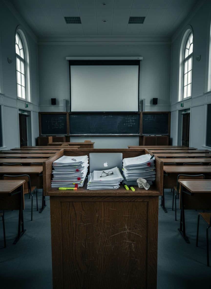 A sturdy, weathered wooden podium standing alone in the center of an empty university lecture hall, the surface covered with neatly stacked printed documents, highlighted passages, and a closed laptop. Behind it, a large, unlit projector screen dominates the wall, flanked by chalkboards filled with faint, erased equations hinting at past lectures. Cool, diffused daylight filters through high side windows, casting long, somber shadows between rows of vacant seats. Photographed at eye level with a slightly wide angle, the composition emphasizes the isolation of the podium and the absence of people. The atmosphere is bold and tense, suggesting accountability and scrutiny, rendered in photographic realism with sharp details and muted, serious colors.